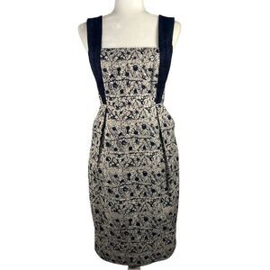 Adam Lippes New w Tags ! Beige & Navy Floral Linen-Cotton Jacquard Sheath Dress